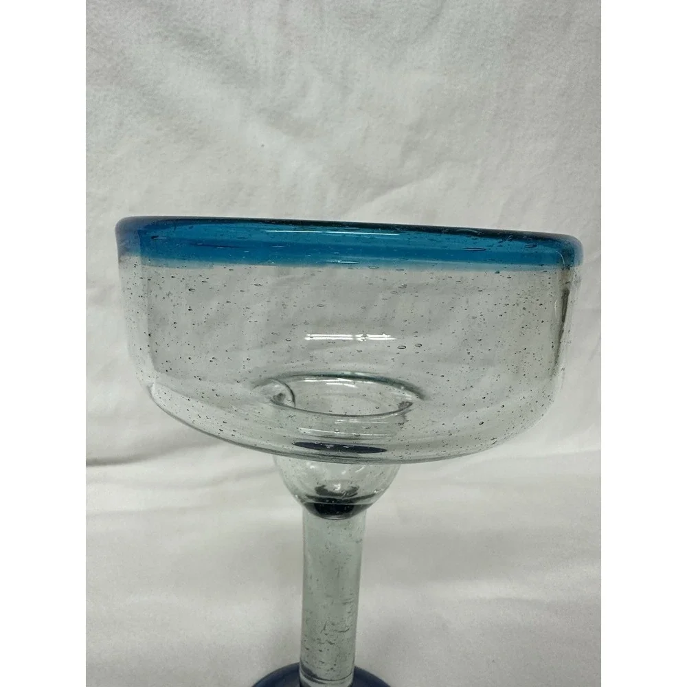 Mexican Margarita Glass Turquoise Blue Rim Navy Base 7.5
